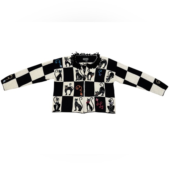 Rare Vintage Berek Black and White Checkered Cat Sweater Size Large - Picture 3 of 9